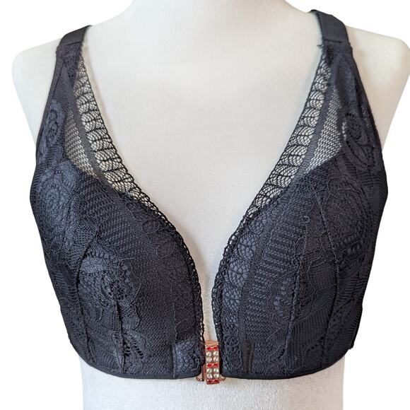 No Brand Other - Black Lace Plunge Wireless Bra Rose Gold Clasp Adjustable Straps Band Size 36